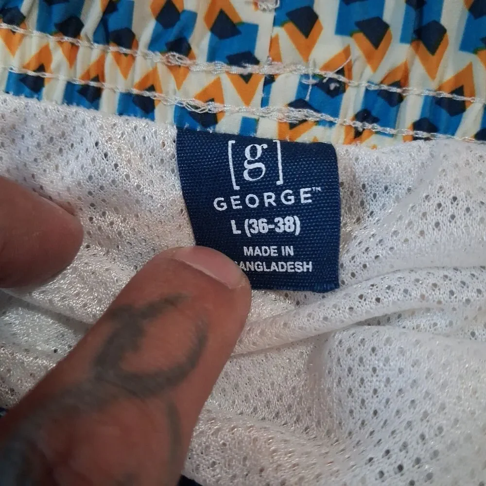 George Mens Swim Trunks L 36 38 Blue Orange Geometric Shorts Mesh Liner Quick...